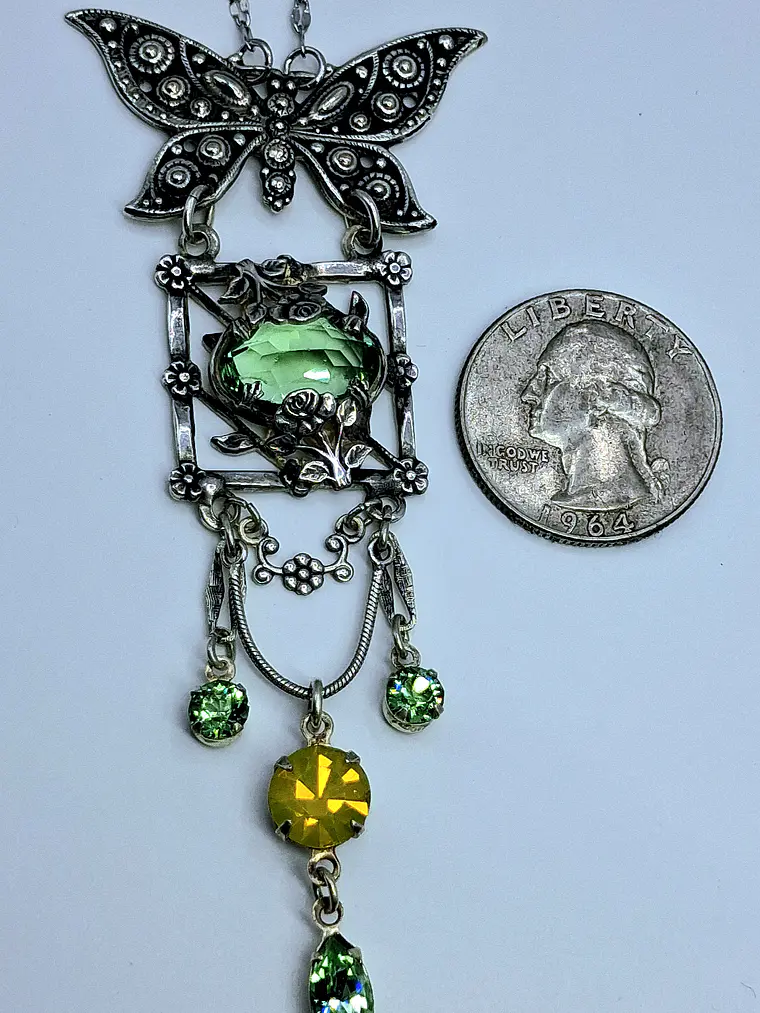 Whimsical Butterfly necklace, loaded with Uranium glass, Silver Plated #Bn031 4