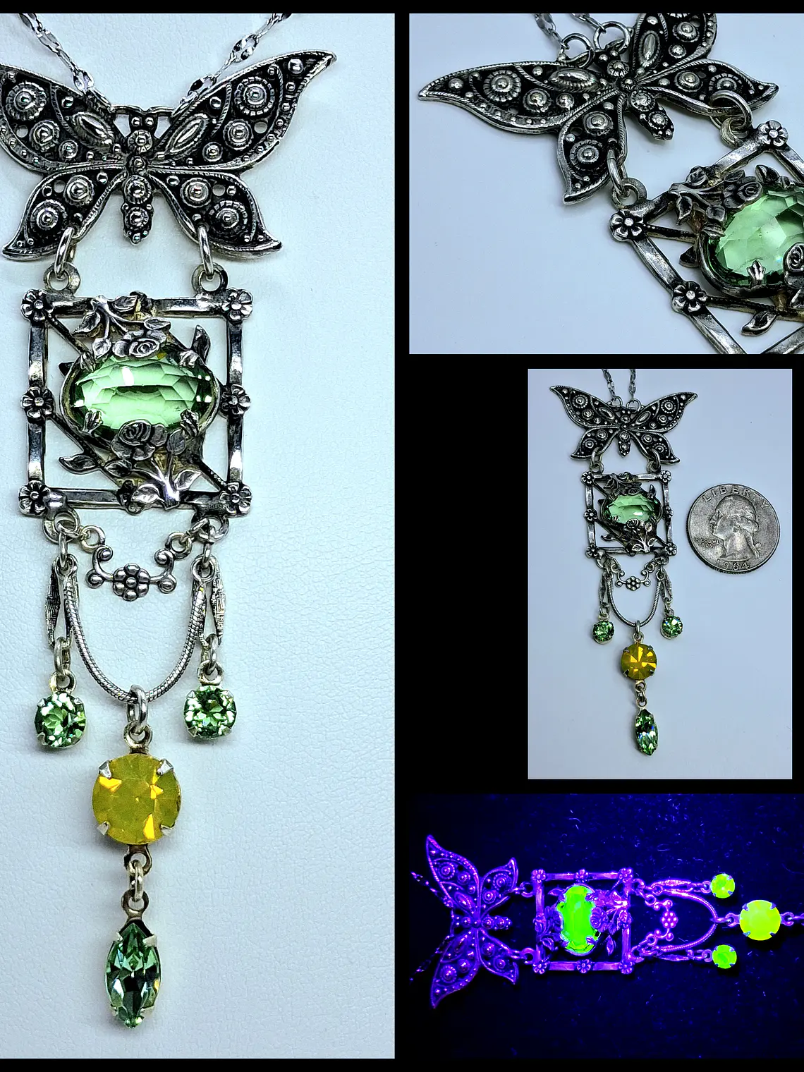Whimsical Butterfly necklace, loaded with Uranium glass, Silver Plated #Bn031 1