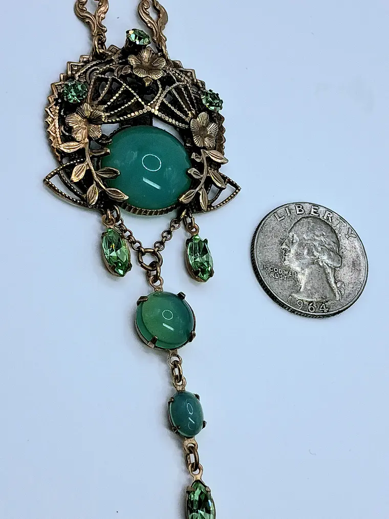 Drippy gold-plated Art Nouveau, Green opal Uranium glass necklace #Bn032 4