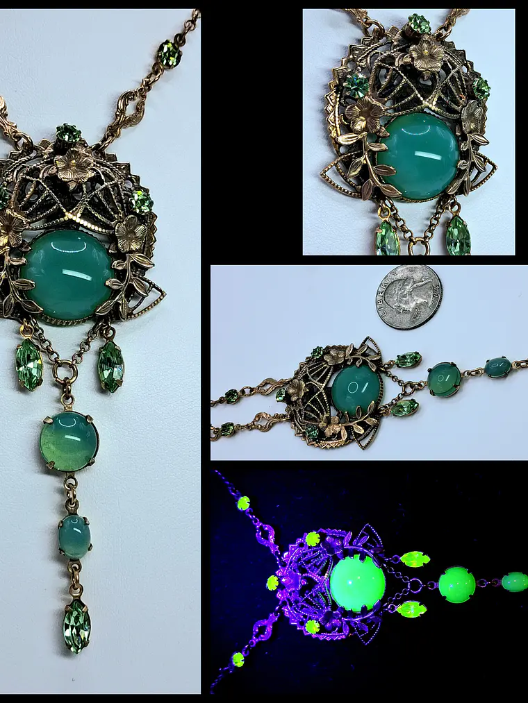 Drippy gold-plated Art Nouveau, Green opal Uranium glass necklace #Bn032 1