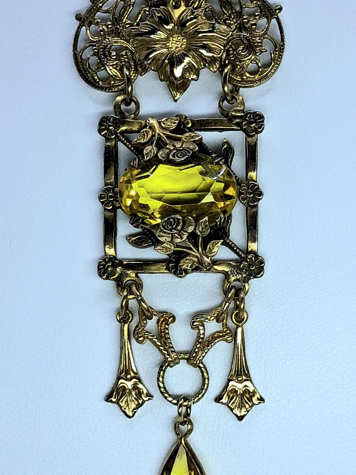 Amazing gold-plated Art Nouveau, Yellow topaz Uranium glass necklace #Bn033 2