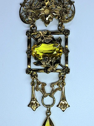 Amazing gold-plated Art Nouveau, Yellow topaz Uranium glass necklace #Bn033