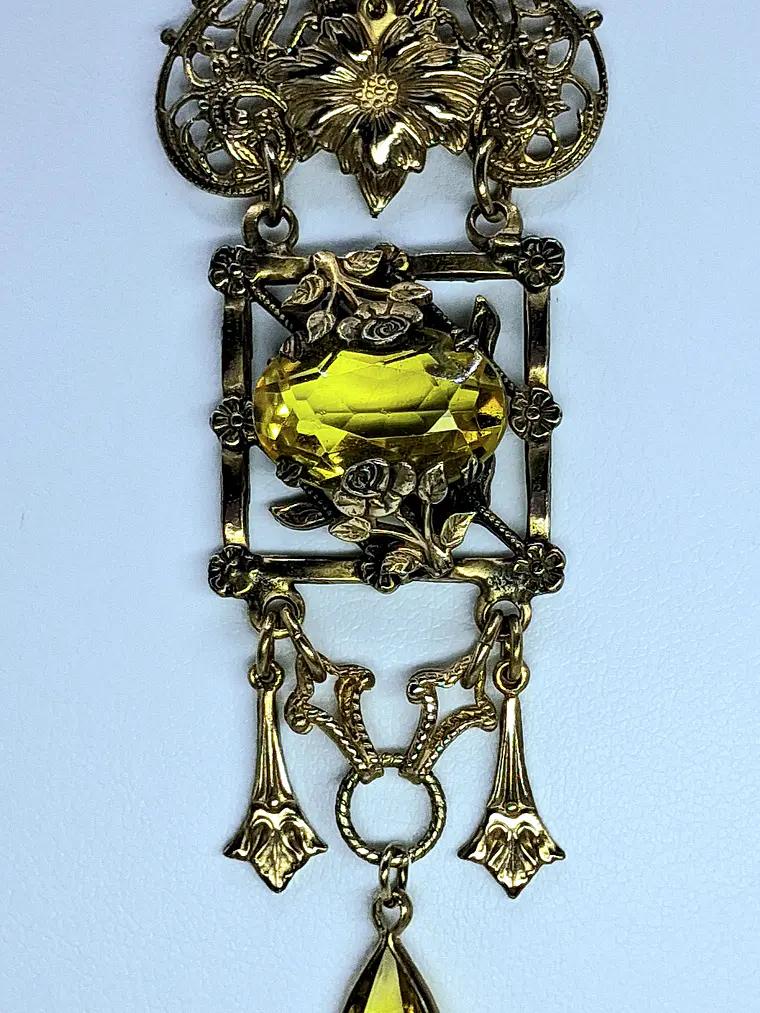 Amazing gold-plated Art Nouveau, Yellow topaz Uranium glass necklace #Bn033 2