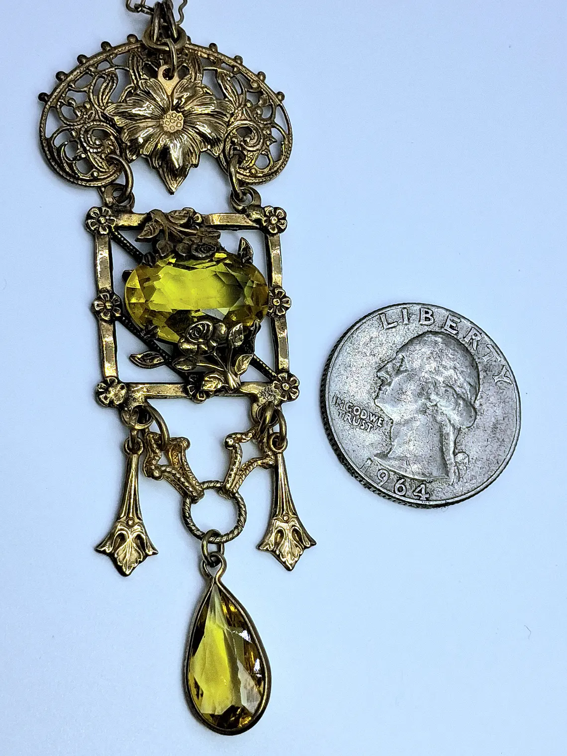Amazing gold-plated Art Nouveau, Yellow topaz Uranium glass necklace #Bn033 4