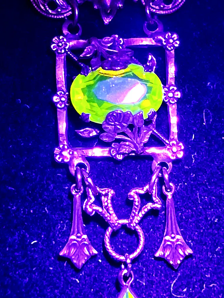 Amazing gold-plated Art Nouveau, Yellow topaz Uranium glass necklace #Bn033 5