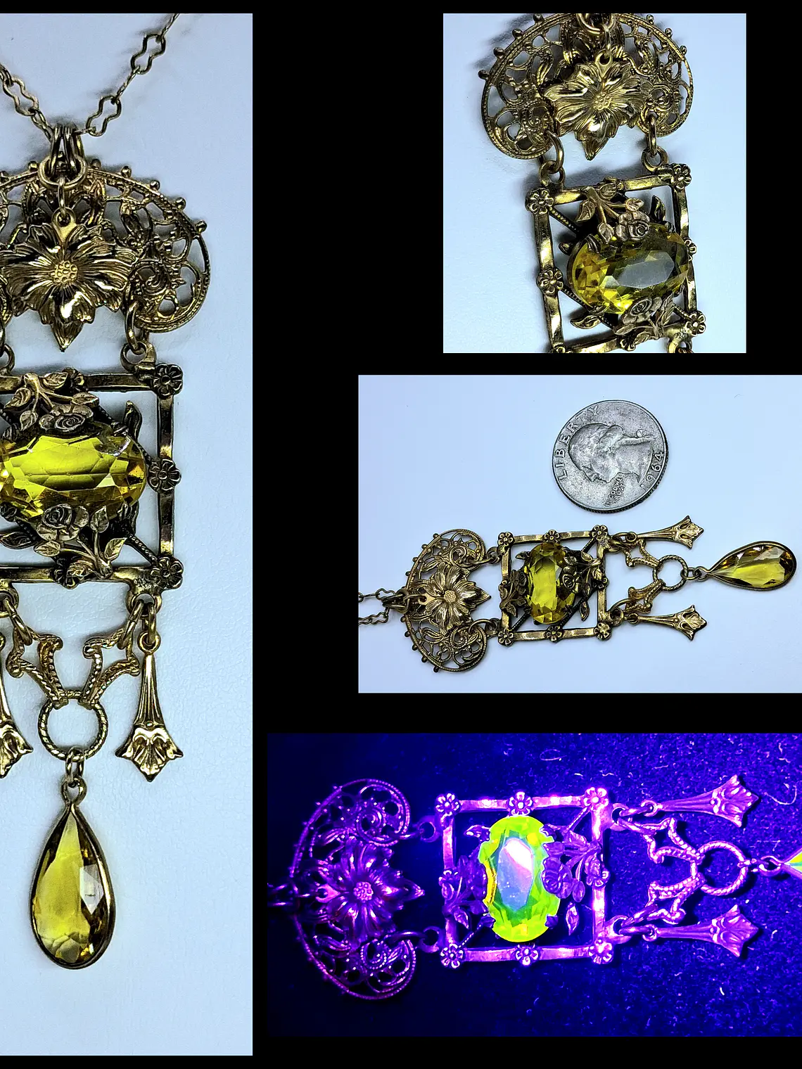 Amazing gold-plated Art Nouveau, Yellow topaz Uranium glass necklace #Bn033 1