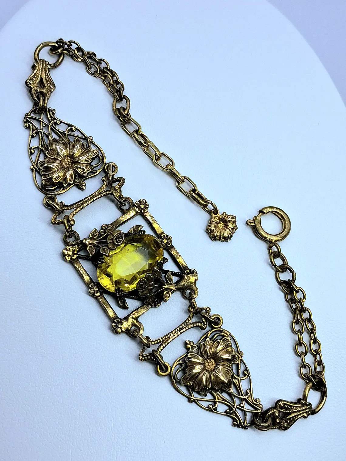 Amazing gold-plated Art Nouveau, Yellow topaz Uranium glass bracelet   #Bb034 2