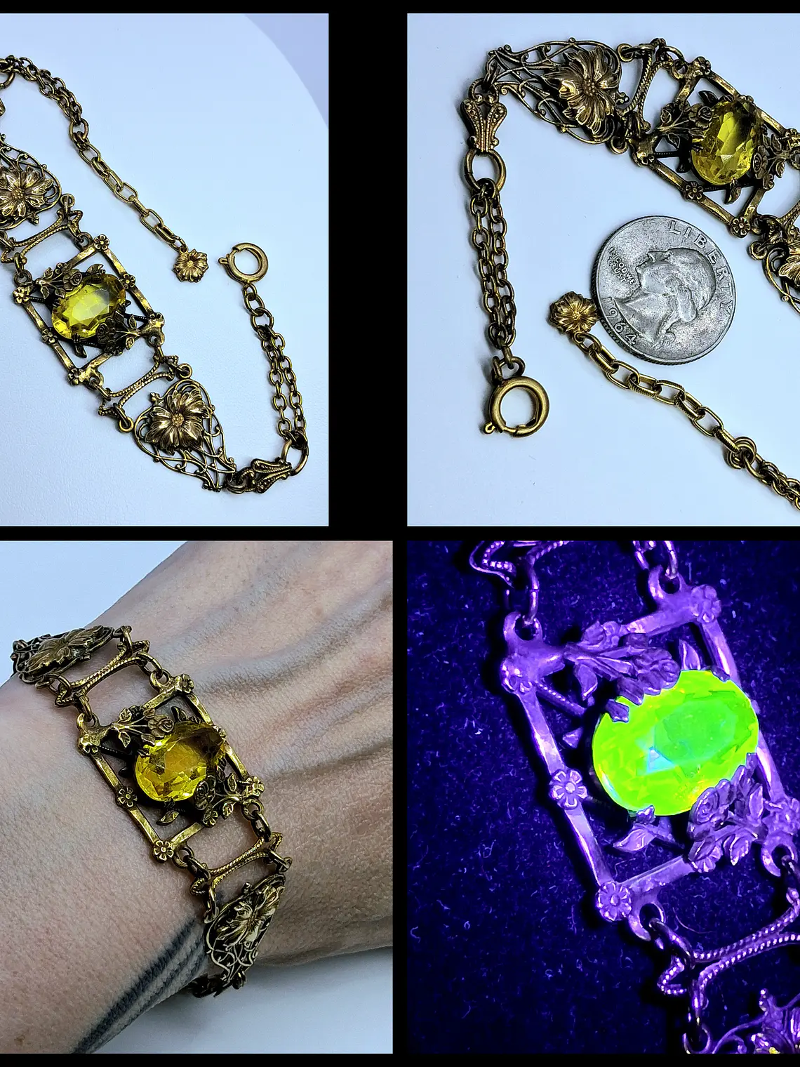 Amazing gold-plated Art Nouveau, Yellow topaz Uranium glass bracelet   #Bb034 1