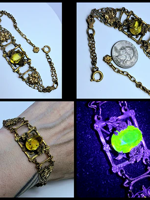 Amazing gold-plated Art Nouveau, Yellow topaz Uranium glass bracelet   #Bb034