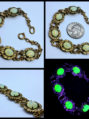 Victorian style, gold plated Uranium glass link Bracelet   #Bb037