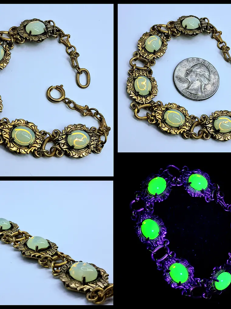 Victorian style, gold plated Uranium glass link Bracelet   #Bb037 1