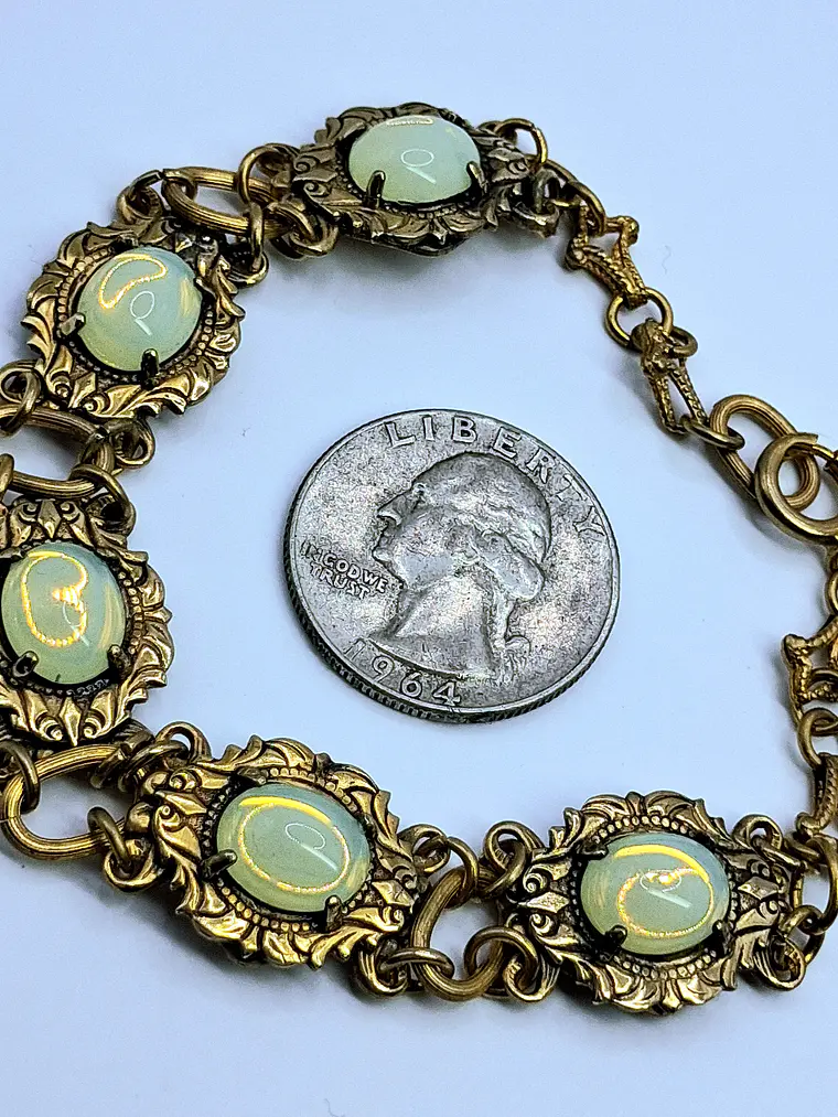 Victorian style, gold plated Uranium glass link Bracelet   #Bb037 4