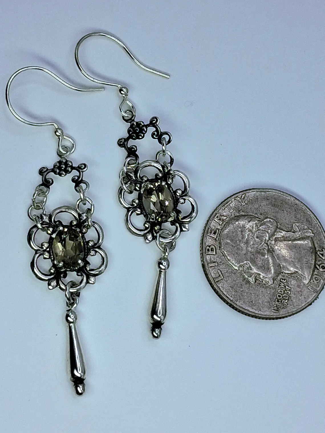 Vintage style, silver-plated Smoky citrine dangle/drop earrings -      #Be041 3