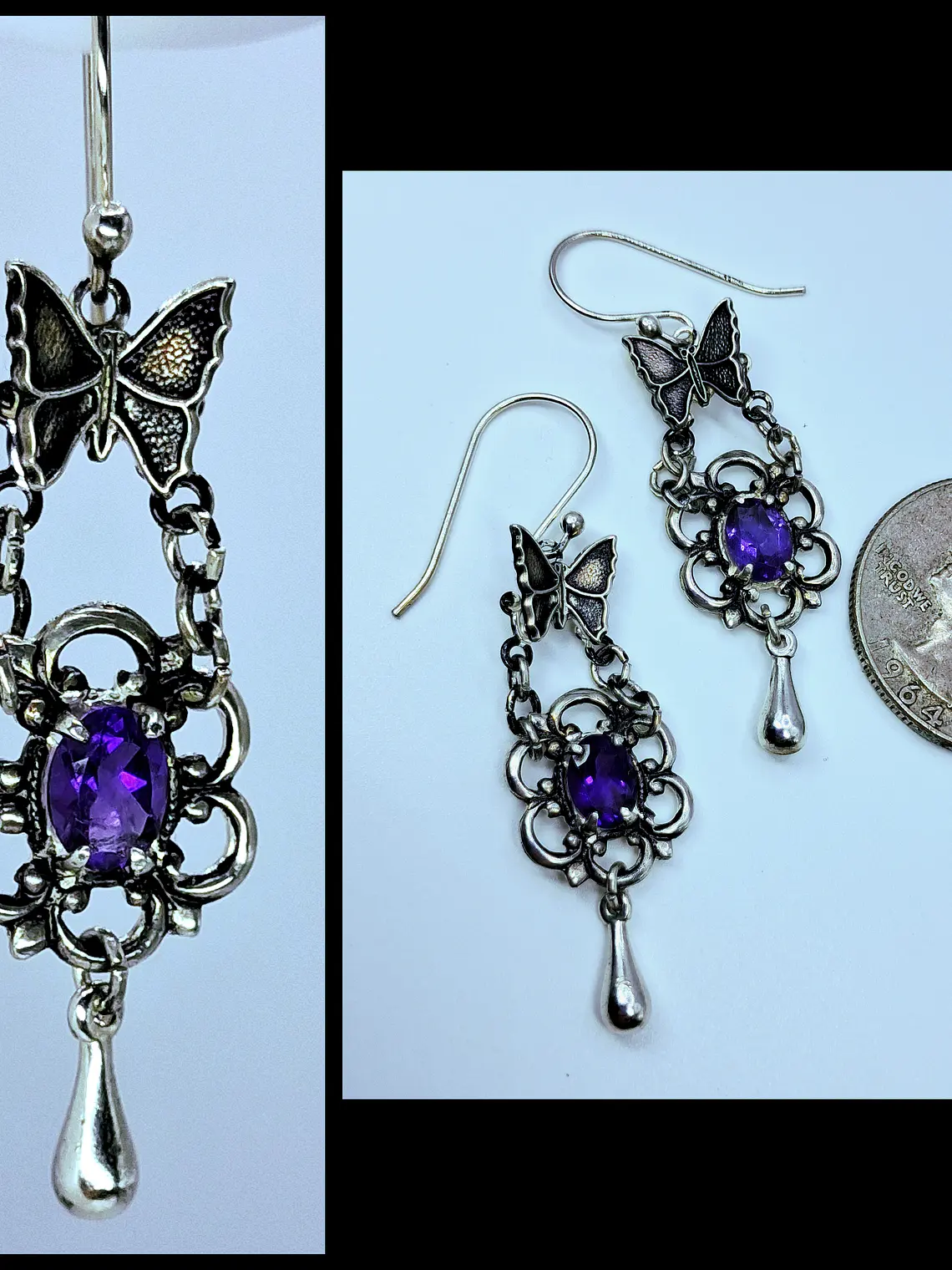 Delicate and Whimsical, Silver plated Butterfly and amethyst earrings -       #Be042 3