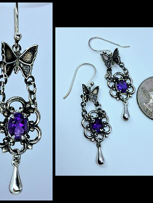 Delicate and Whimsical, Silver plated Butterfly and amethyst earrings -       #Be042