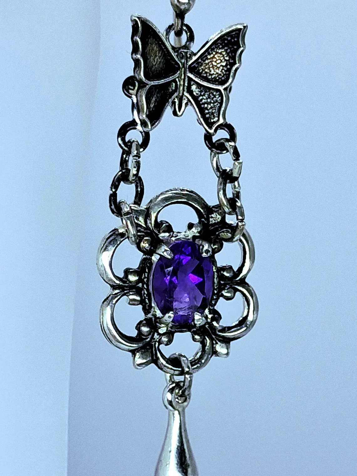Delicate and Whimsical, Silver plated Butterfly and amethyst earrings -       #Be042 1
