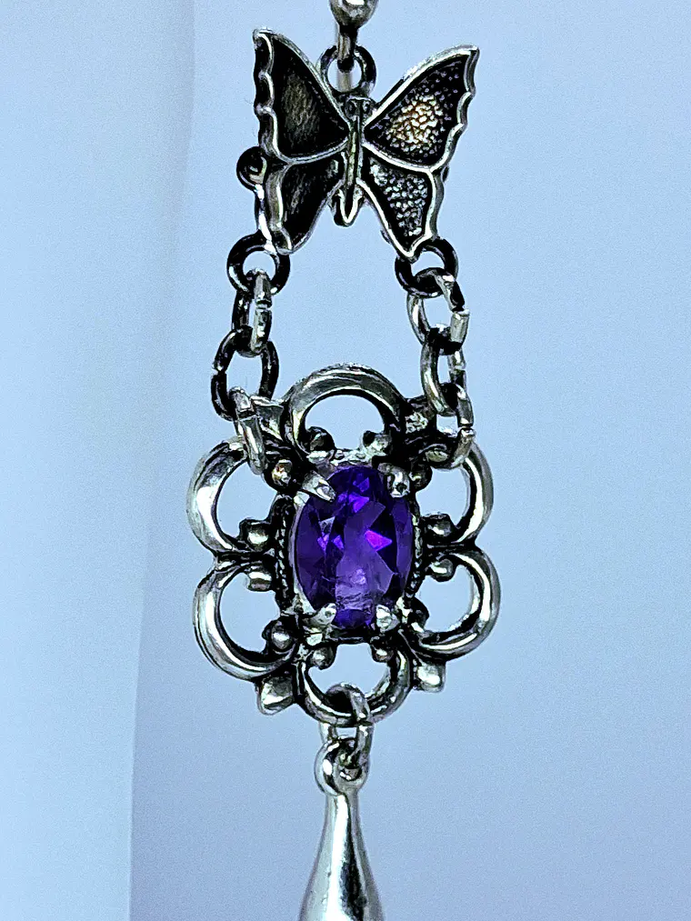 Delicate and Whimsical, Silver plated Butterfly and amethyst earrings -       #Be042 1