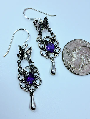 Delicate and Whimsical, Silver plated Butterfly and amethyst earrings -       #Be042