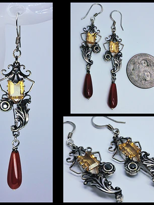 Beautiful, Silver plated Long Citrine, Carnelian and moisonite earrings -        #Be048