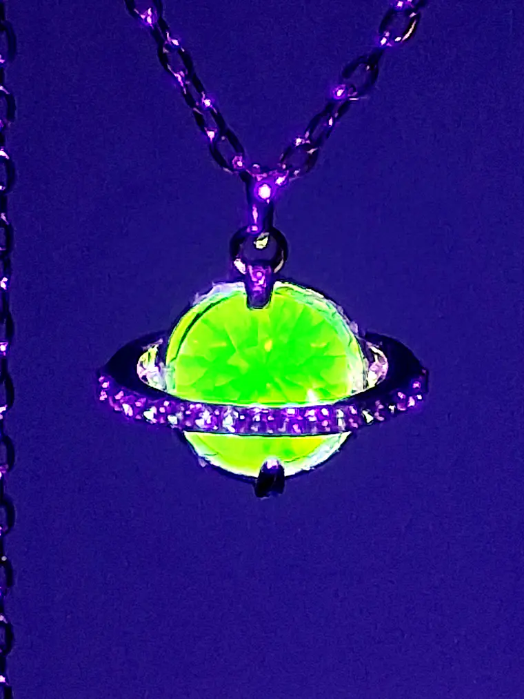 Cute, Rare PINK Uranium glass, gold-plated Saturn pendant  #Bp050 4