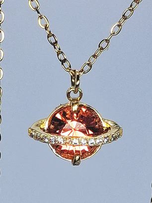 Cute, Rare PINK Uranium glass, gold-plated Saturn pendant  #Bp050