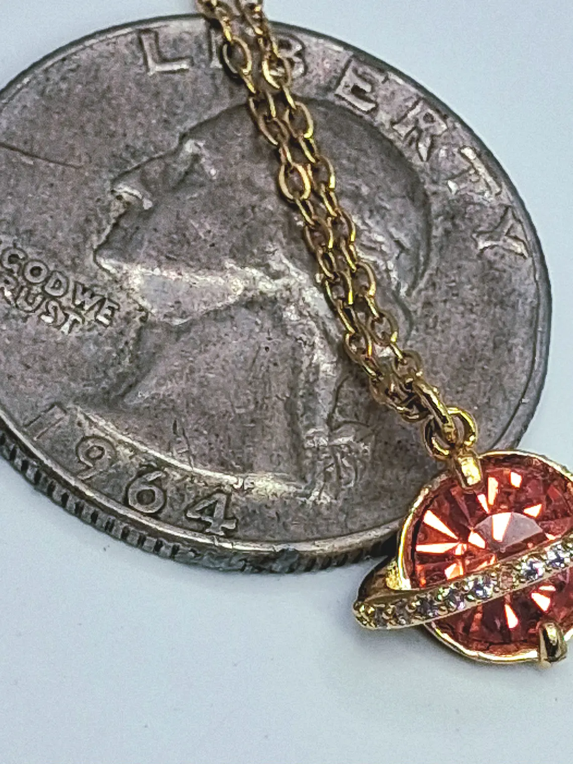 Cute, Rare PINK Uranium glass, gold-plated Saturn pendant  #Bp050 3