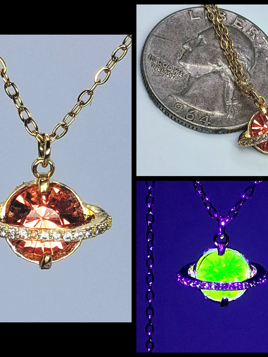 Cute, Rare PINK Uranium glass, gold-plated Saturn pendant  #Bp050 1