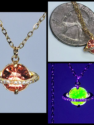 Cute, Rare PINK Uranium glass, gold-plated Saturn pendant  #Bp050