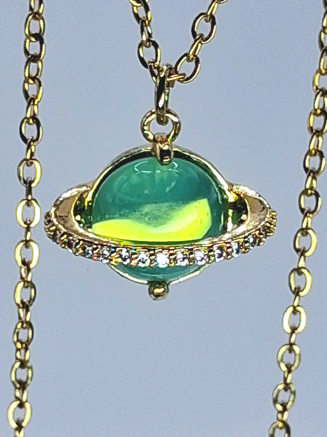 Cute, Green opal Uranium glass, gold-plated Saturn pendant   #Bp051 2