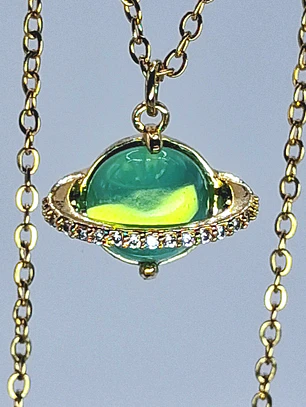 Cute, Green opal Uranium glass, gold-plated Saturn pendant   #Bp051
