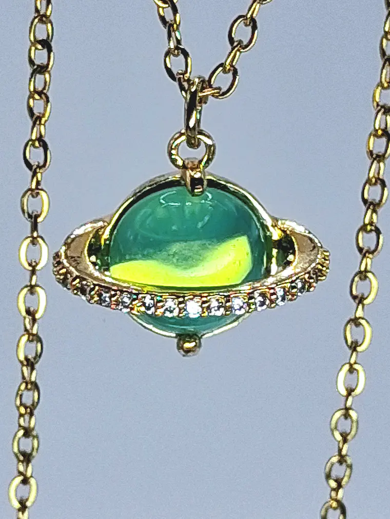Cute, Green opal Uranium glass, gold-plated Saturn pendant   #Bp051 2