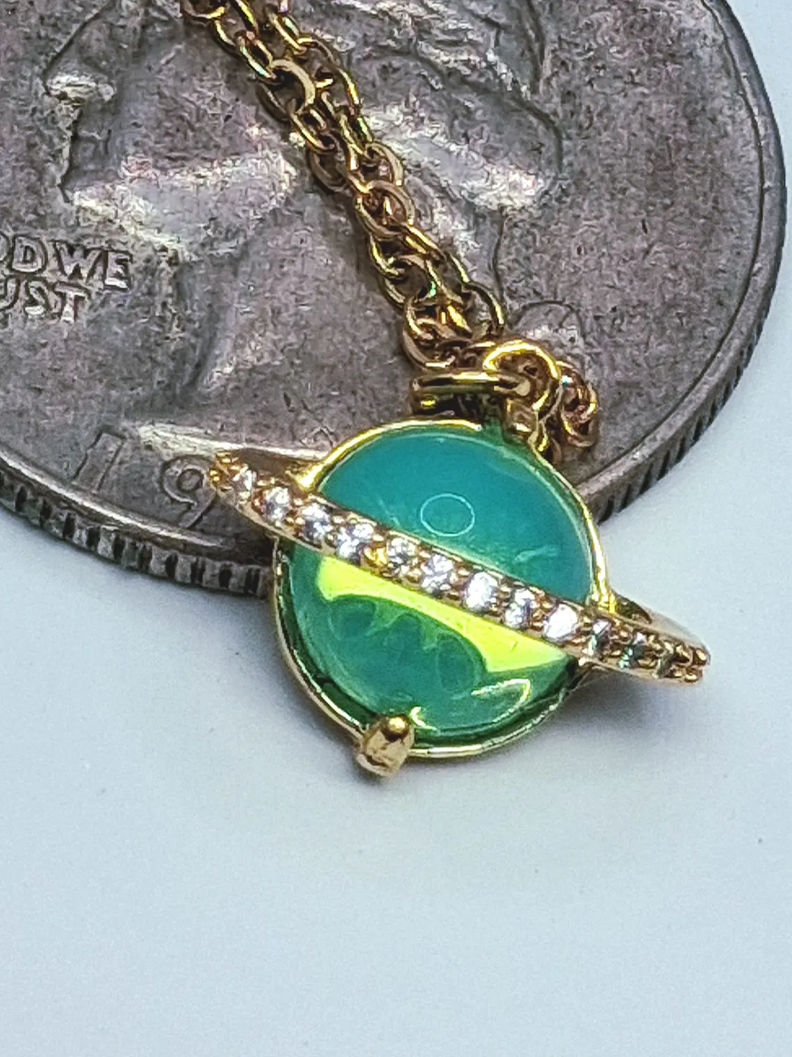 Cute, Green opal Uranium glass, gold-plated Saturn pendant   #Bp051 3
