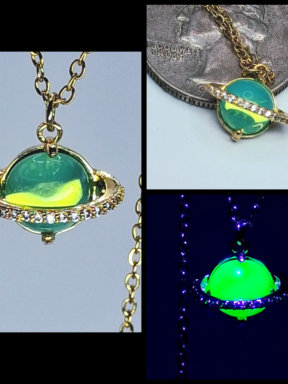 Cute, Green opal Uranium glass, gold-plated Saturn pendant   #Bp051 1