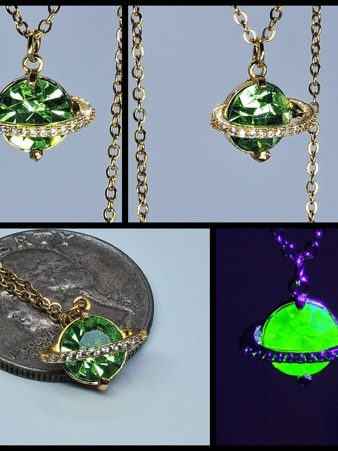 Cute, Apple green Uranium glass, gold-plated Saturn pendant   #Bp052 1