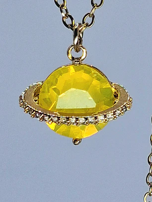 Cute, Yellow opal Uranium glass, gold plated Saturn pendant  #Bp053