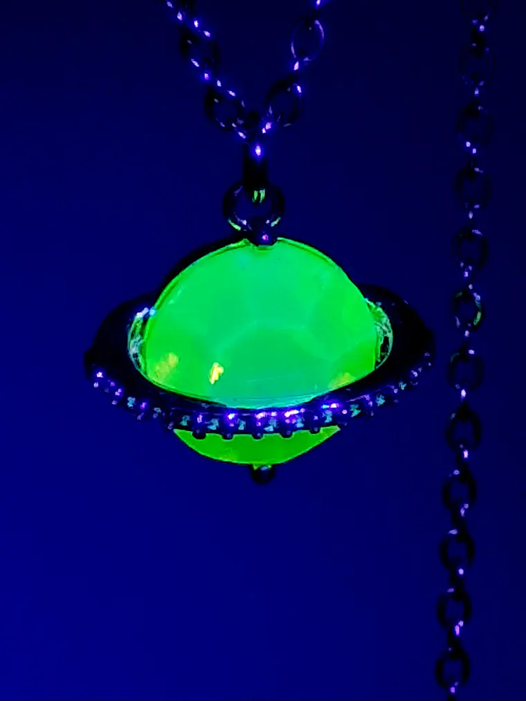 Cute, Yellow opal Uranium glass, gold plated Saturn pendant  #Bp053 5