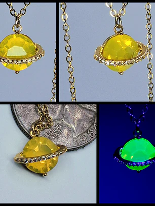 Cute, Yellow opal Uranium glass, gold plated Saturn pendant  #Bp053
