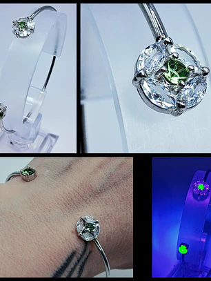 Contemporary, Gold-plated Apple green Uranium glass and Cubic zirconia bracelet #Bb057