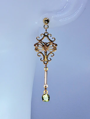 Gold Victorian, Peridot and dragon fly earrings -         #Bn059