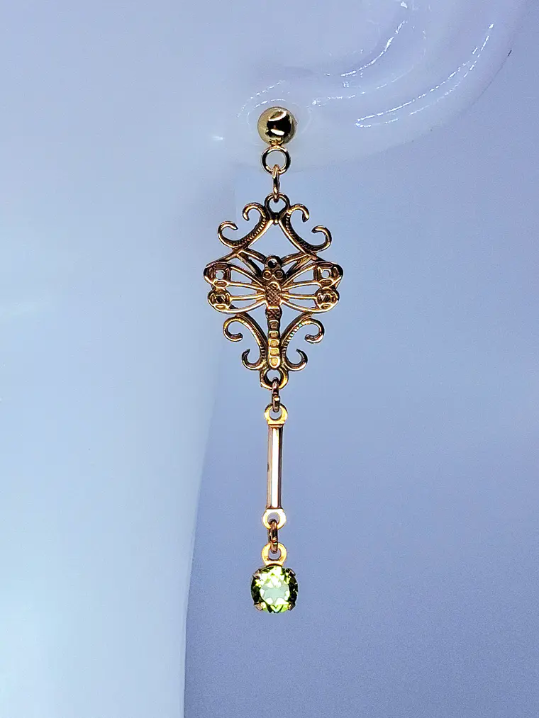 Gold Victorian, Peridot and dragon fly earrings -         #Bn059 2