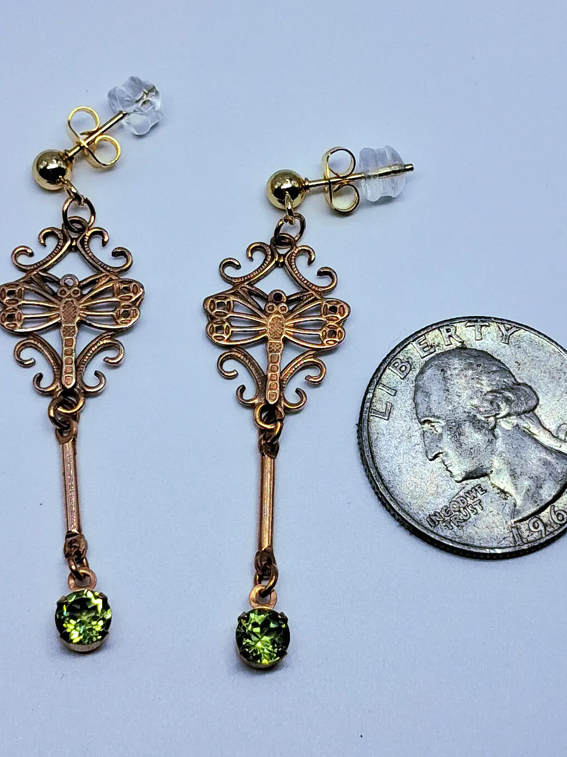 Gold Victorian, Peridot and dragon fly earrings -         #Bn059 4