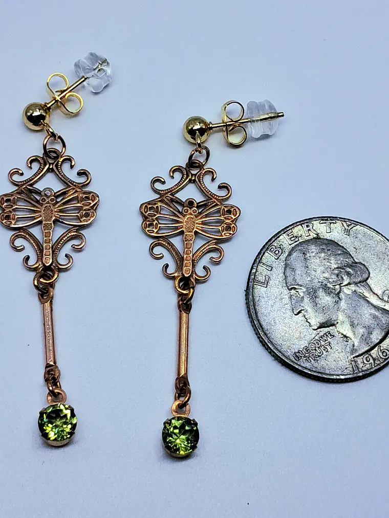 Gold Victorian, Peridot and dragon fly earrings -         #Bn059 4