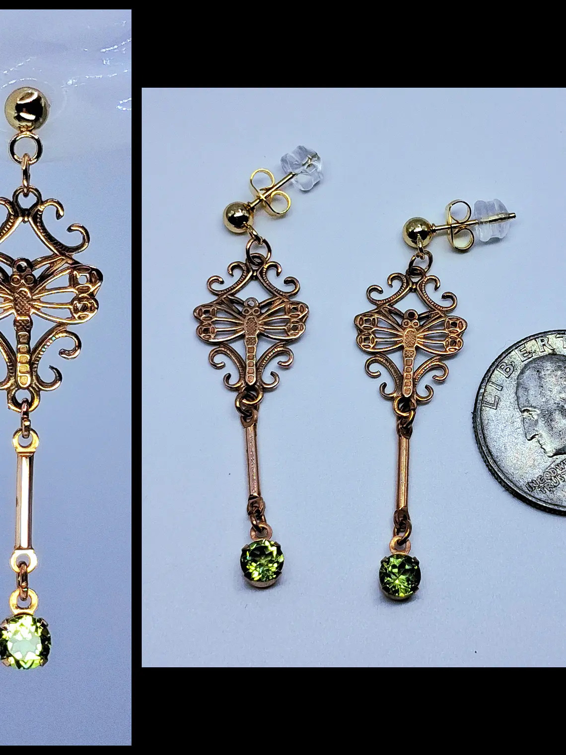 Gold Victorian, Peridot and dragon fly earrings -         #Bn059 1