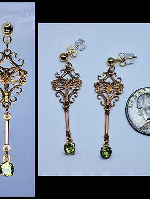 Gold Victorian, Peridot and dragon fly earrings -         #Bn059