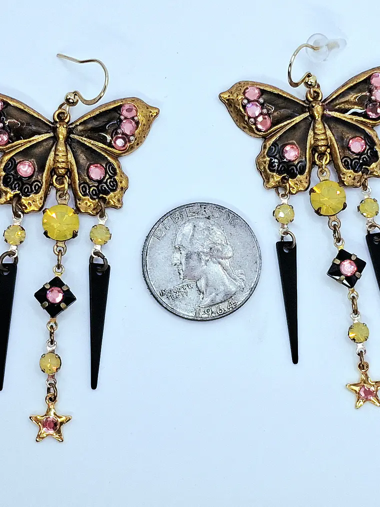 Amazing, Whimsical butterfly Pink and yellow Uranium glass earrings -       #Be061 4
