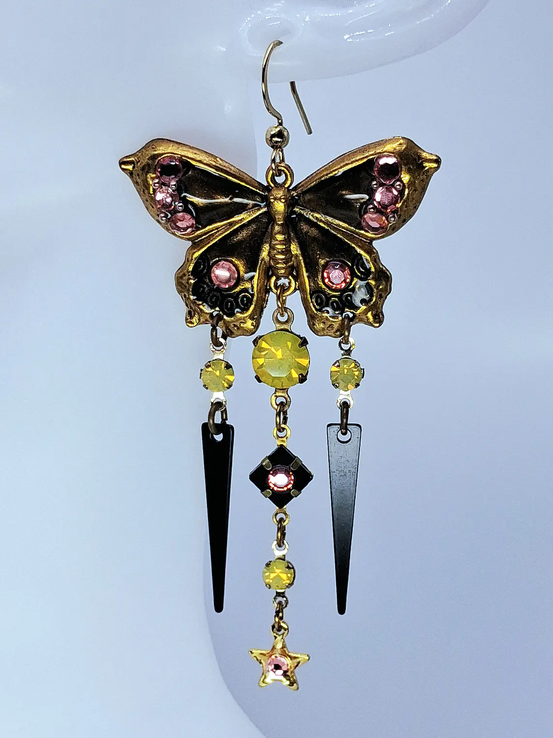 Amazing, Whimsical butterfly Pink and yellow Uranium glass earrings -       #Be061 2