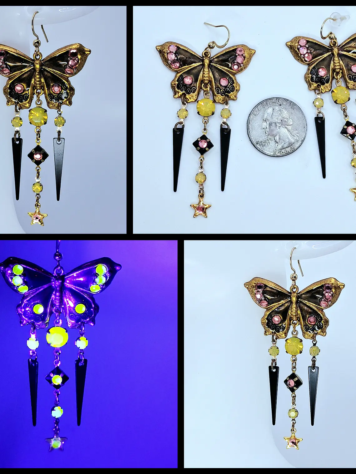 Amazing, Whimsical butterfly Pink and yellow Uranium glass earrings -       #Be061 1