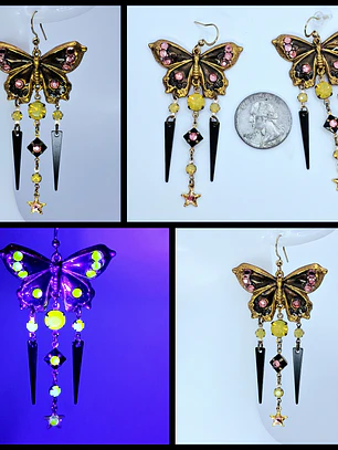 Amazing, Whimsical butterfly Pink and yellow Uranium glass earrings -       #Be061
