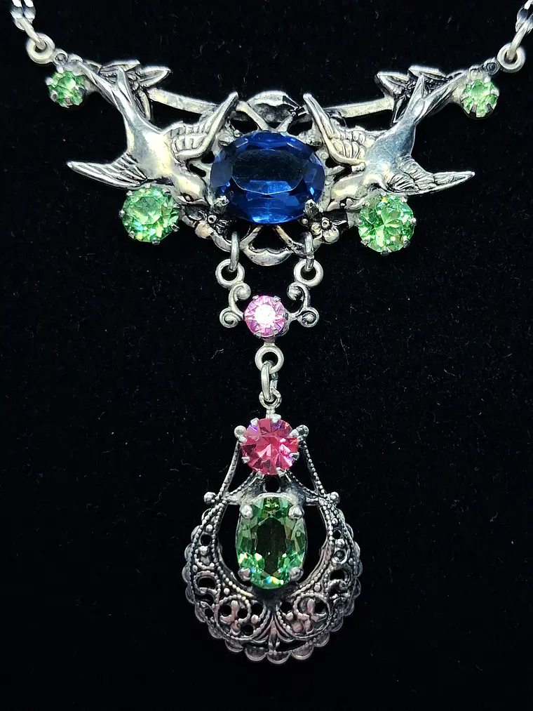 Art Nouveau inspired lovebirds and RARE Sapphire blue Uranium glass -        #Bn062 3