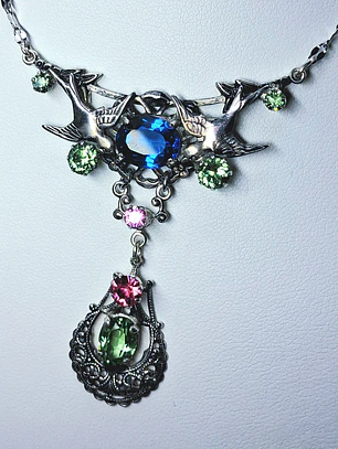 Art Nouveau inspired lovebirds and RARE Sapphire blue Uranium glass -        #Bn062